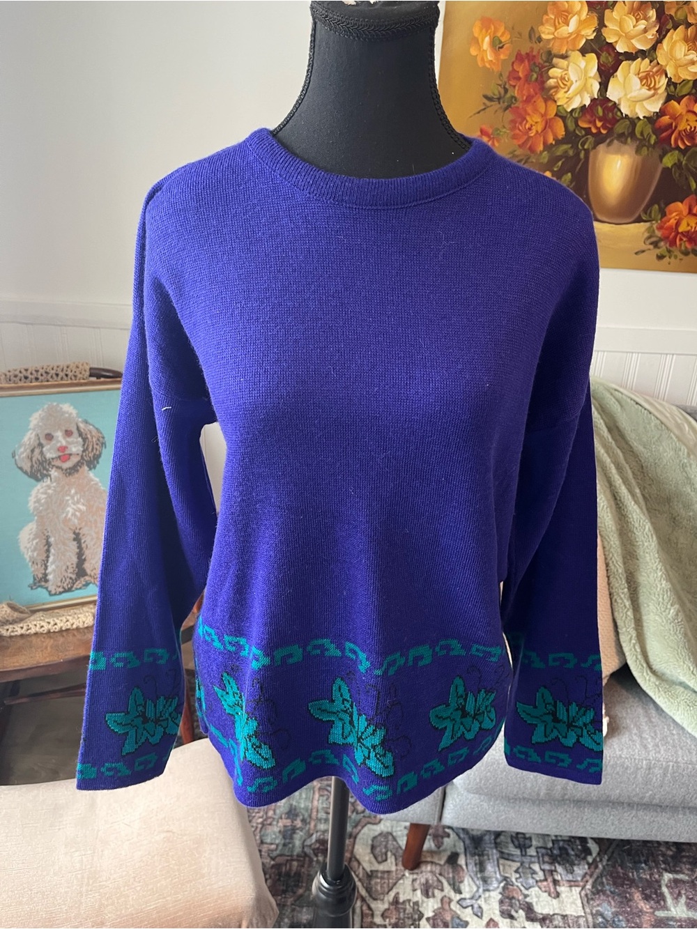 Women’s Vintage Purple Floral Border Knit Sweater M